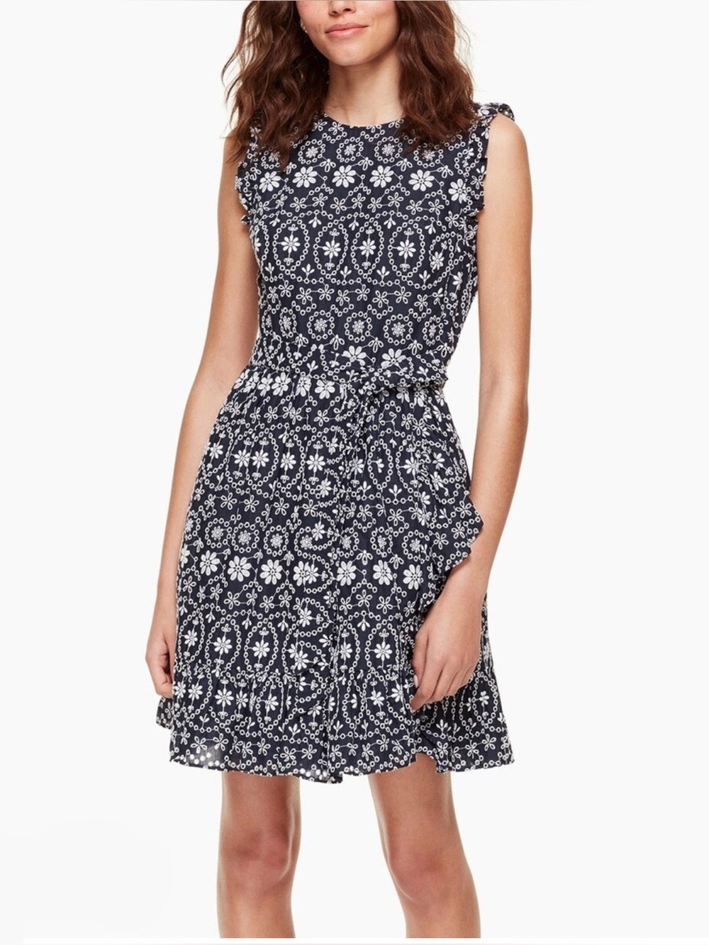 kate spade Navy and White Floral Eyelet Midi Dress with Waist Tie